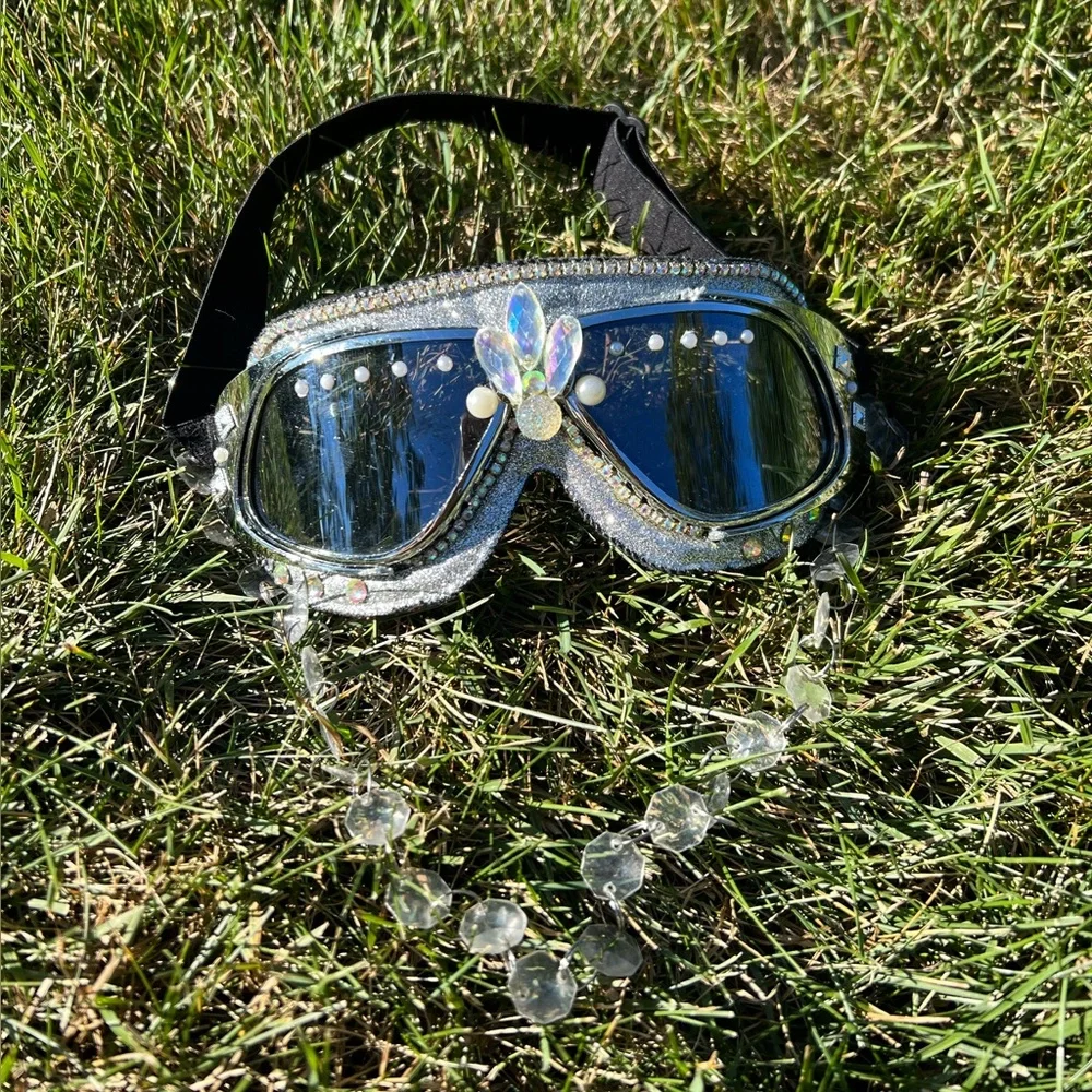 Handmade Silver Diamond Sparkly Rave Goggles Burning Man Ski Goggles - Picture 1 of 10